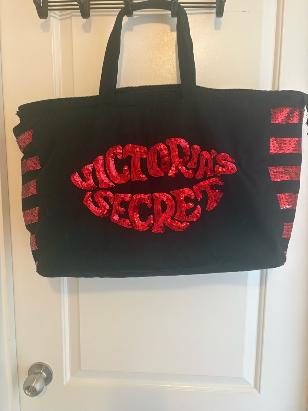 Victoria's Secret Black Tote with Red Sequin Logo and Accents